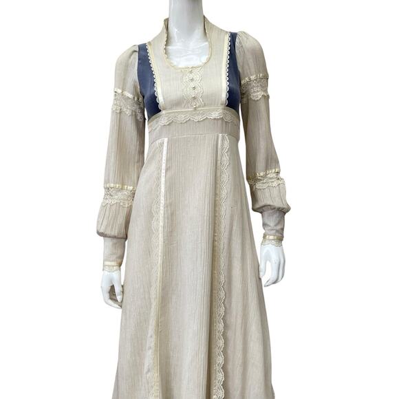 Gunne Sax Style Vintage 1970’s Peasant Dress Blue Velvet Panels Maxi Length XS - Picture 9 of 13